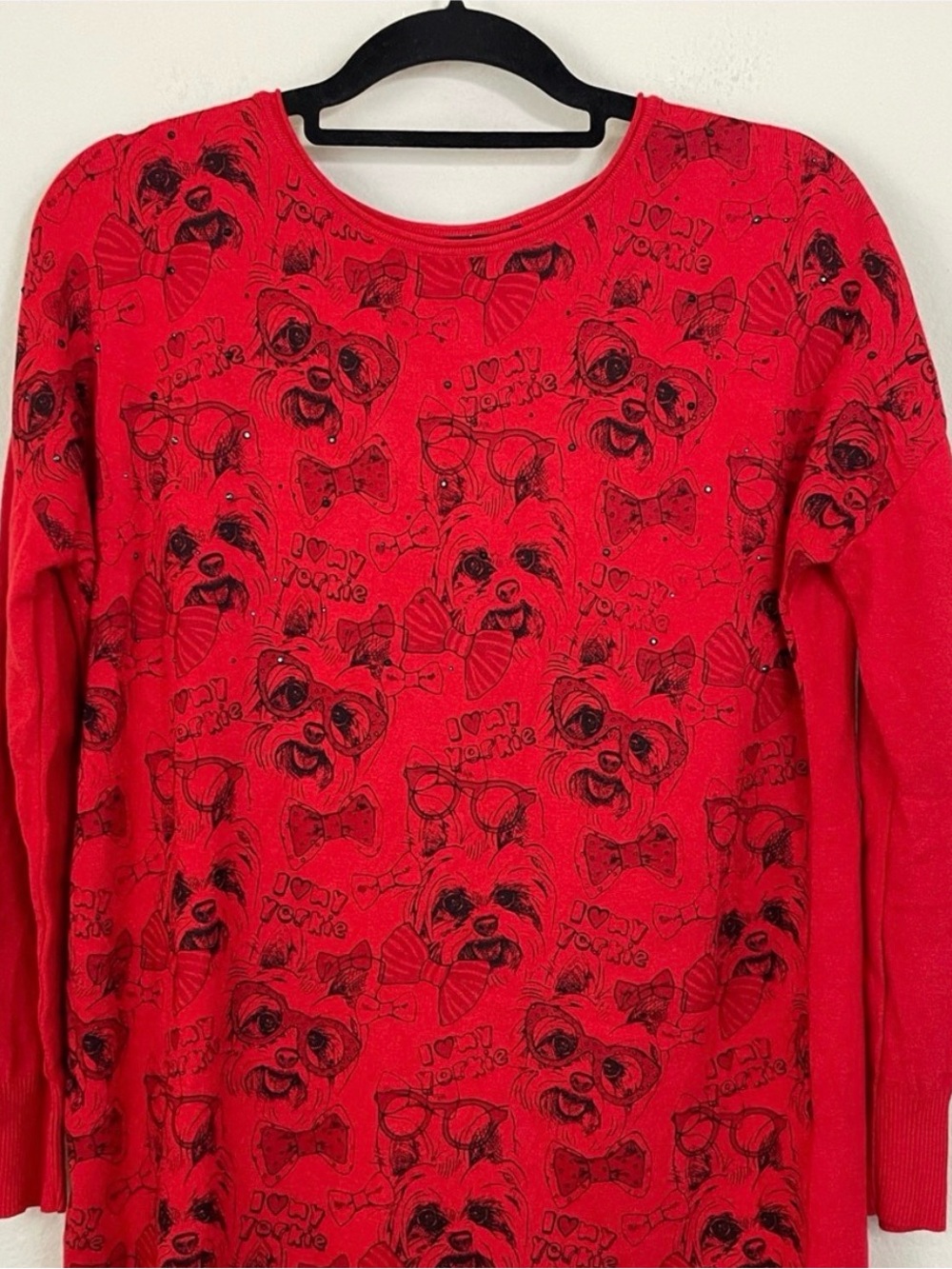 TRICOTTO “I Love My Yorkie” Dog Print Bling Crewneck Pullover Sweater Size XS